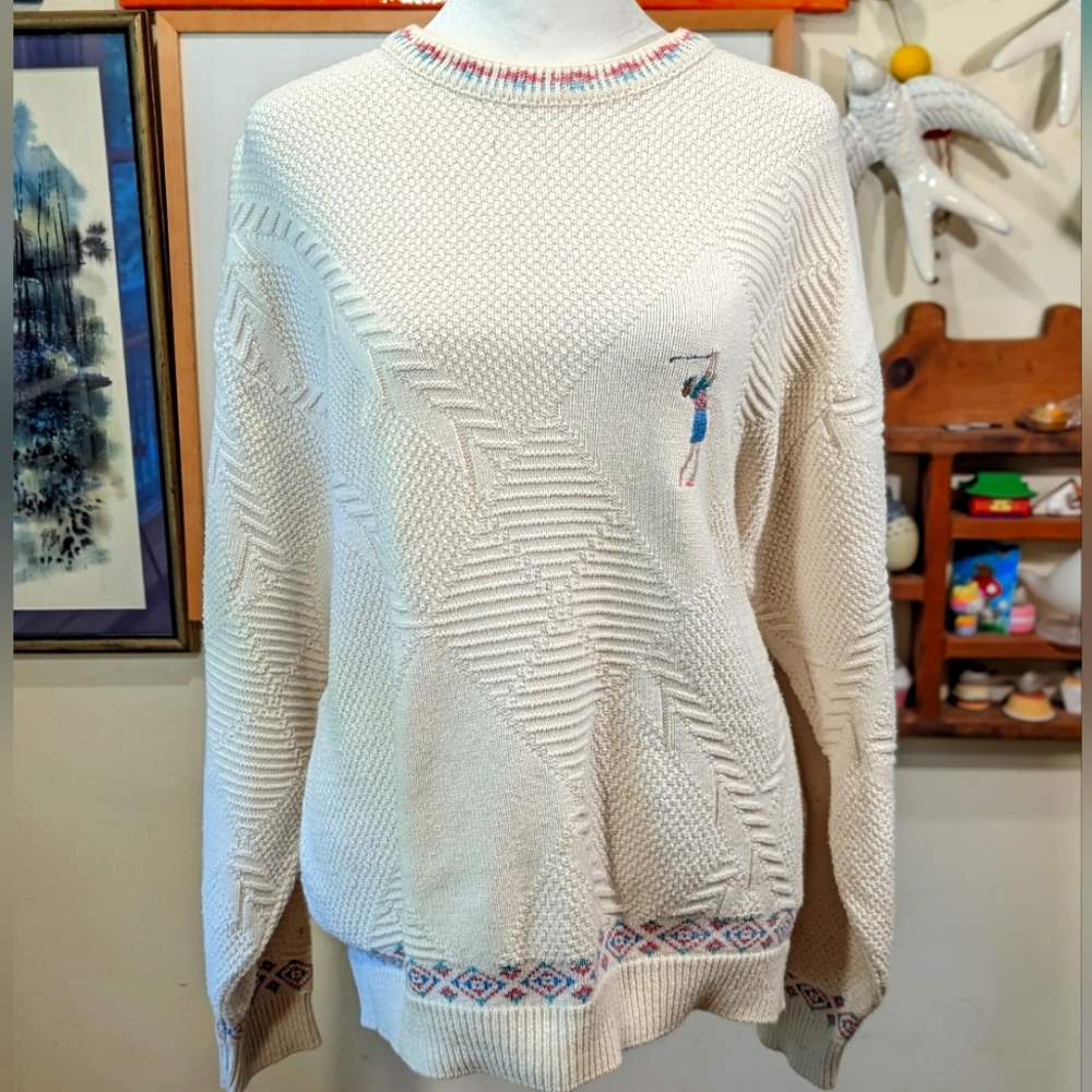 NWT Isle of Cotton Vintage Knit Sweater, Retro Preppy golfing XL